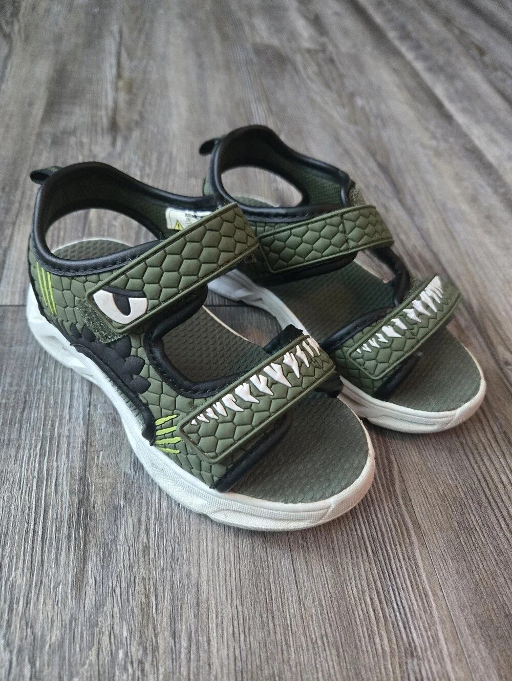 Boys Olive Green Open-Toe Sandals with Shark Tooth Accent